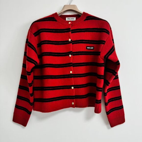 MIU MIU Shetland Knit Cardigan In Red/black - Picture 3 of 11